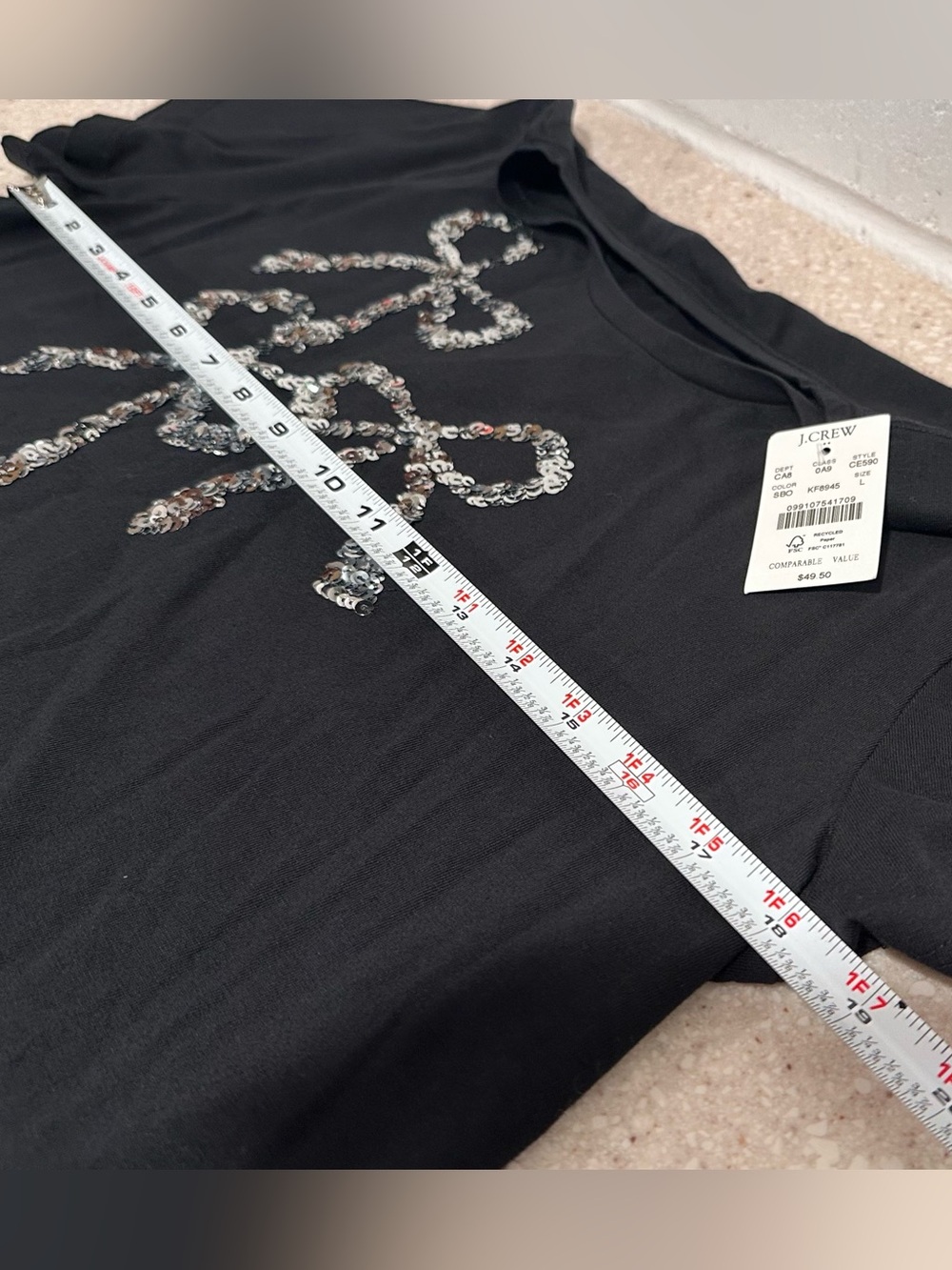 JCrew Collector Cotton Tee Black Sequin Bows Graphic T-Shirt Slim Fit Size Large - Picture 9 of 11
